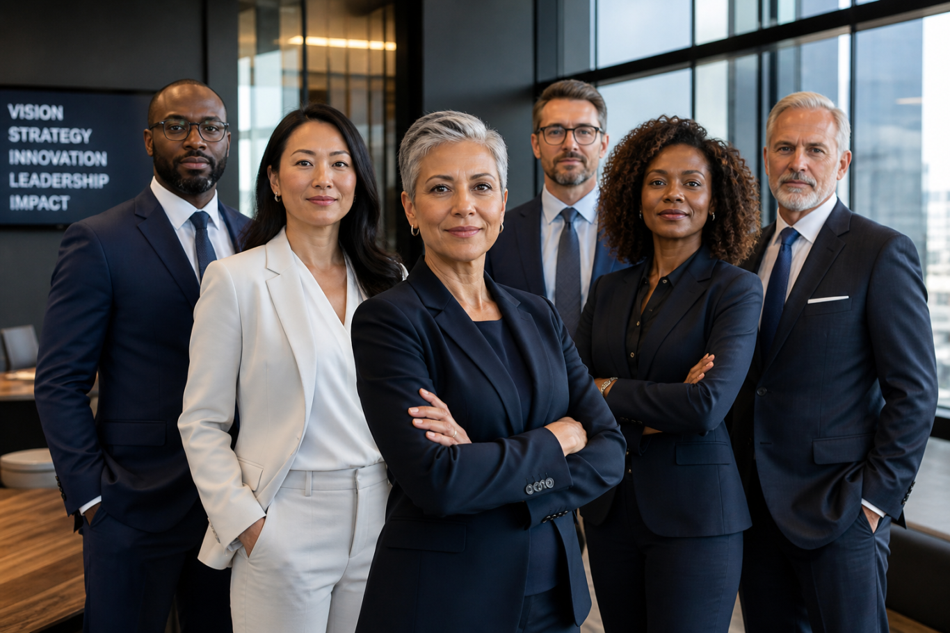 Harmony Empower Group Home Page A diverse group of six professionals in a modern office setting, smiling confidently.